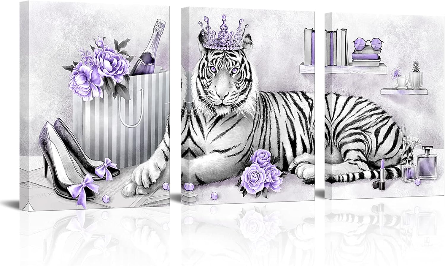 Kalormore Purple Fashion Accessories Poster Elegant Glam Tiger with Queen Crown High Heel Shoes Perfume Inllustration Canvas Prints Gallery Wrapped Artwork for Woman Girls Bedroom Makeup Room