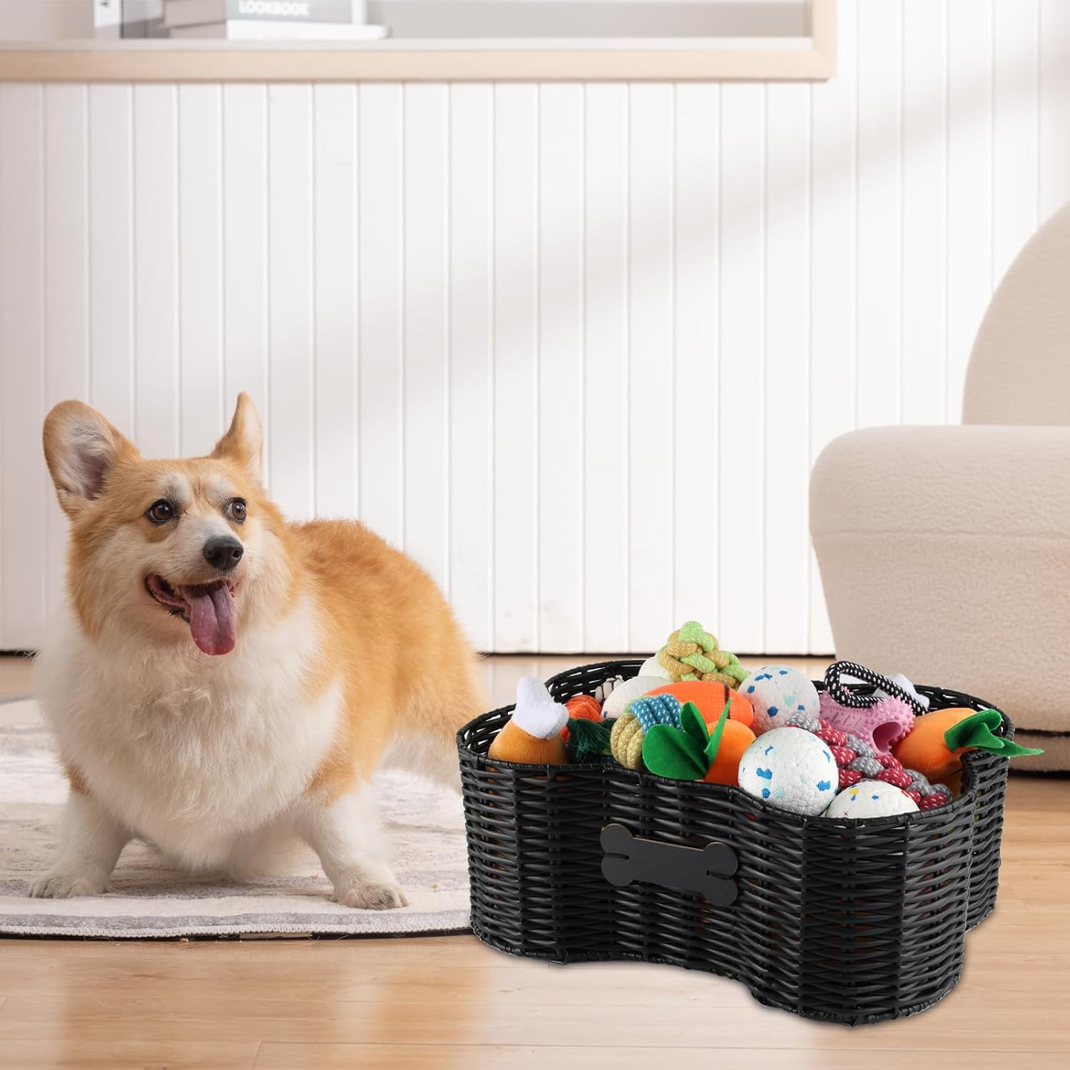 Pet Dog Toy Basket,Dog Bone Shape,Wicker Storage Bin for Dog Cat Toys with DIY Tag,Dog Toy Organizer Holder Boxes for Living Room,Handmade Poly Wicker Basket