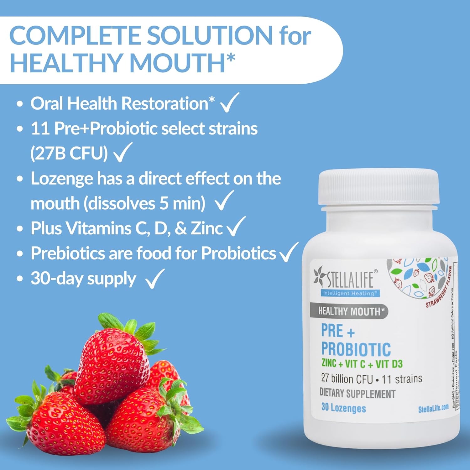 StellaLife Probiotics Oral PRE+PROBIOTICS LOZENGES: 27B CFU, 11 Strains, Dental Probiotics for Healthy Teeth/Gums, Bad Breath, VIT C & D, Zinc, Strawberry Flavor (30-Day Supply)