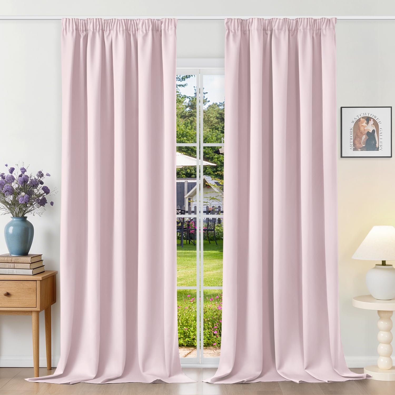 Runyéla Pencil Pleat Blackout Curtains for Bedroom Thermal Curtain 46 x 90 Inch Drop Living Room Kitchen 2 Panels Light Pink