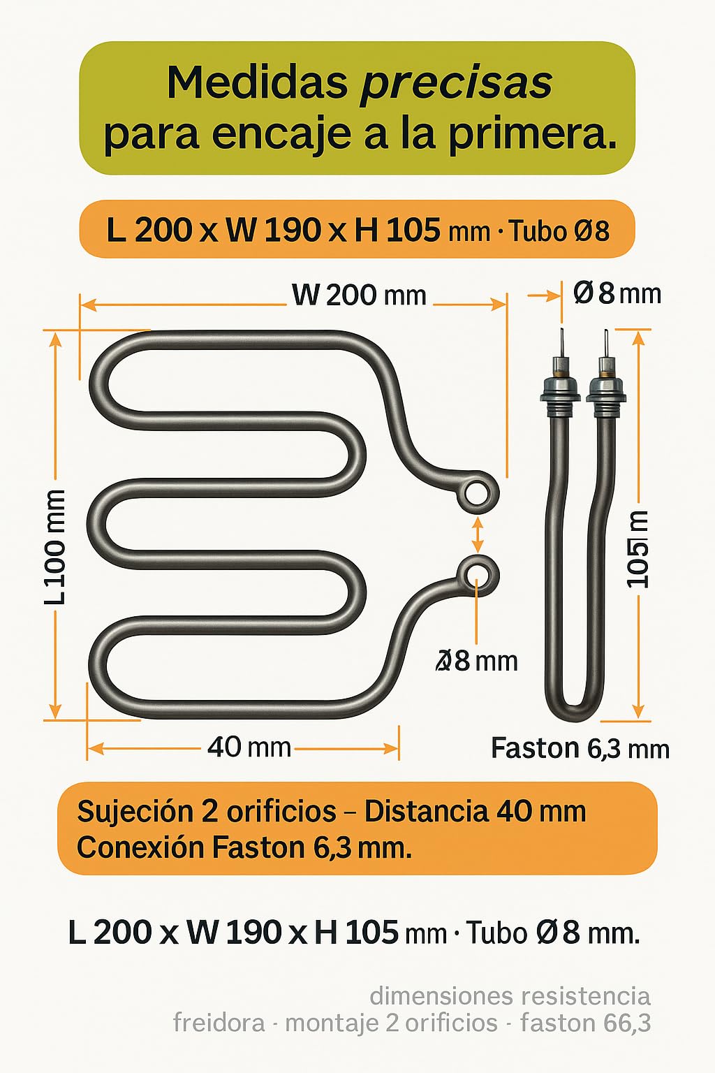 Resistencia Freidora 2000W 230V Inmersión P 901701 Recambio Hostelería para F5 y Lux 5 Tubo Ø8mm Sujeción 2 Orificios Faston 6.3mm Calentamiento Rápido Aceite Cocinas Industriales