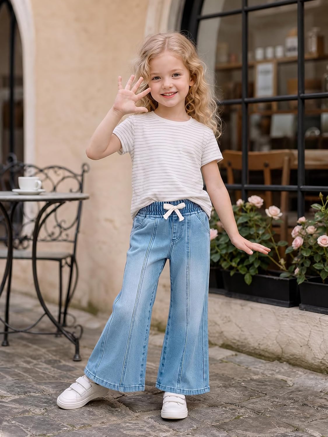 Haloumoning Toddler Baby Girl Wide Leg Jeans Baggy Denim Pants with Pockets