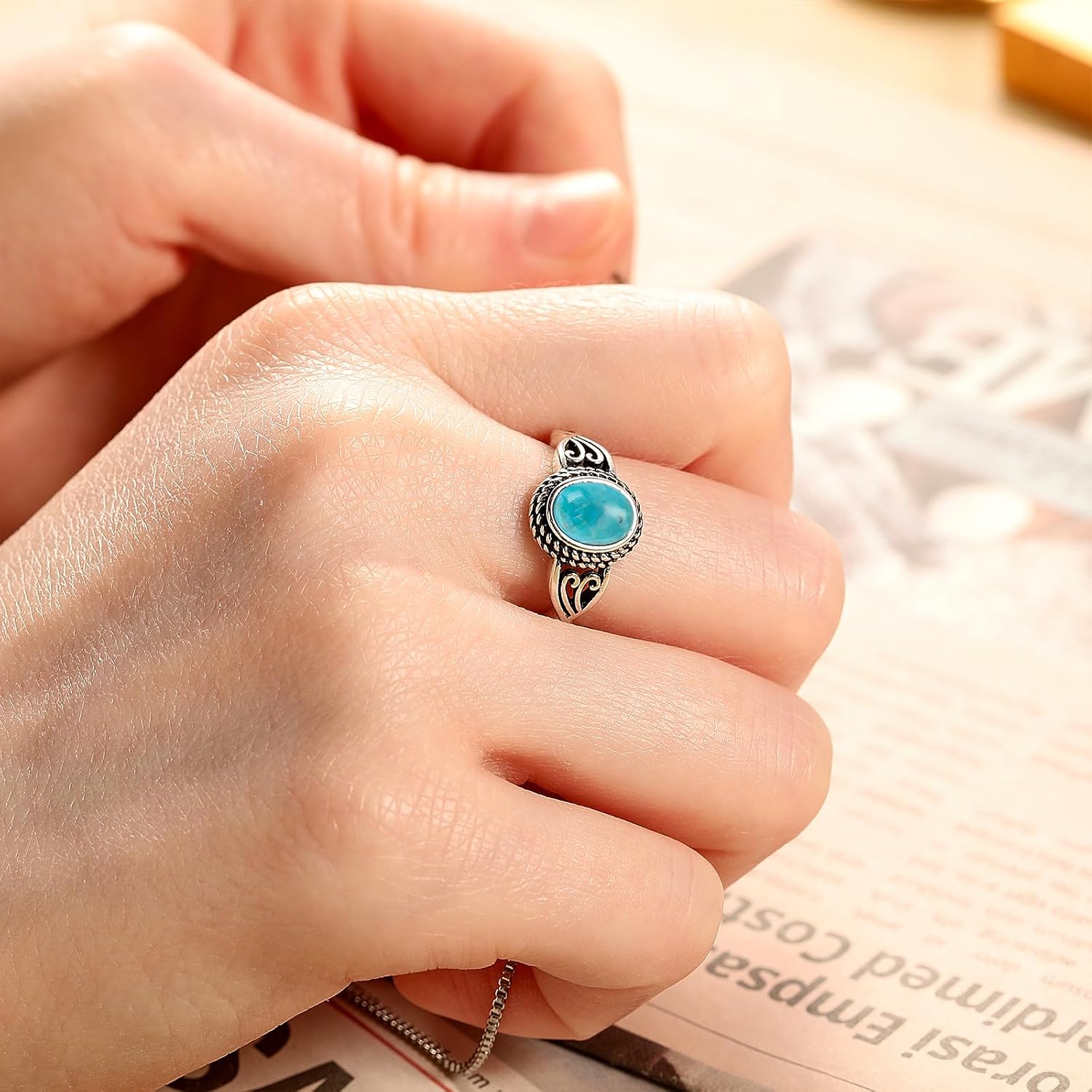 AVECON Adjustable Rings for Women 925 Sterling Silver Rings Womens Vintage Rings with 6 * 8mm Oval Teal Turquoise/Turquoise/Moonstone/Opal Statement Rings Fit Women Size 6-9 - Image 6