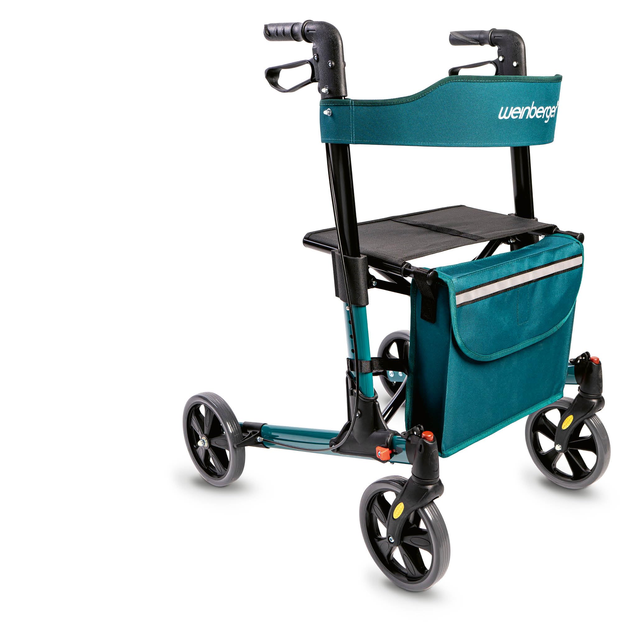 Weinberger Rollator faltbar und leicht mit Sitz | Tasche, Stockhalter, Griff, klappbar für alle Gelände | Höhenverstellbarer Indoor & Outdoor Rollator für Senioren | Gehhilfe, schmal, petrol