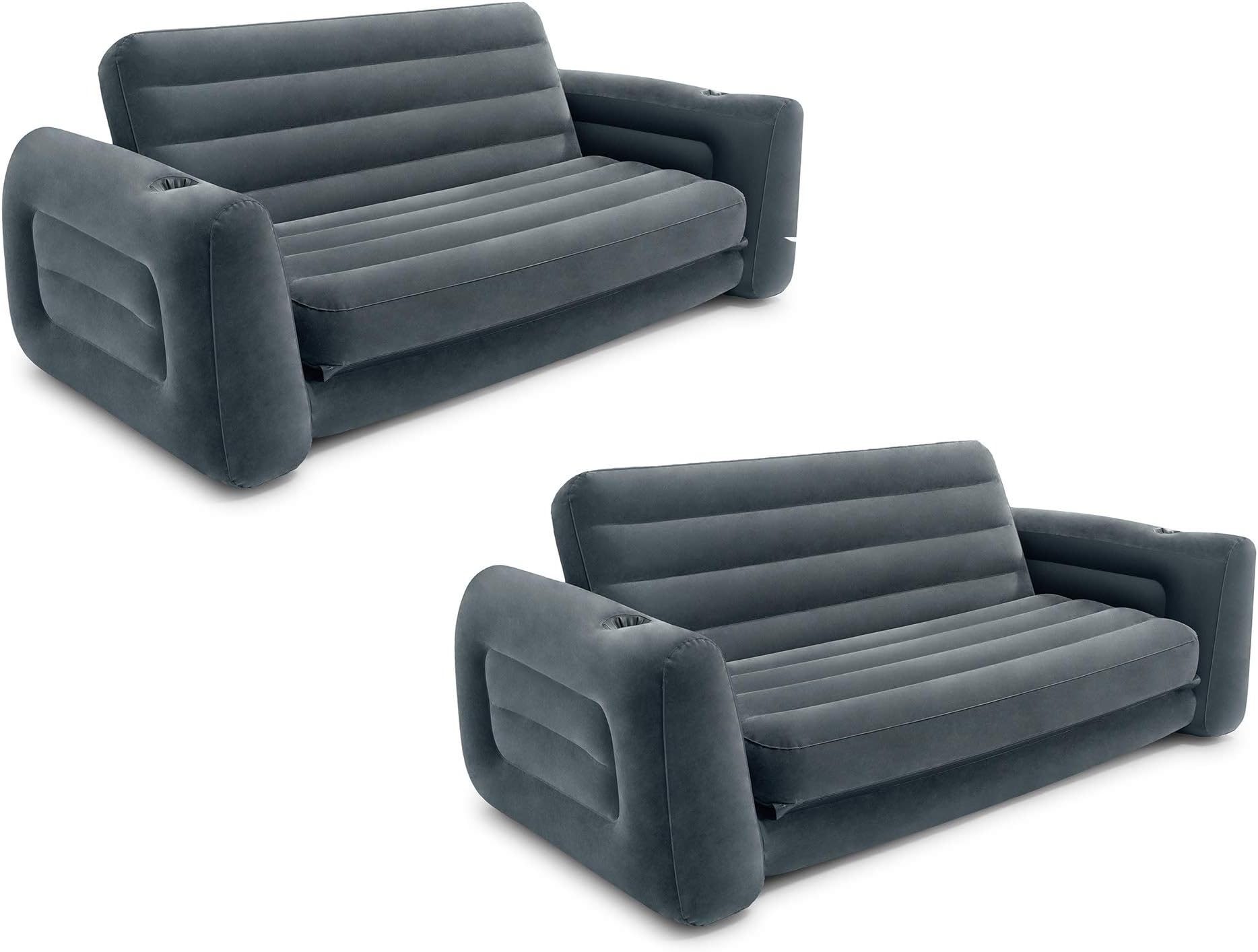 2 in 1 Inflatable Pull Out Sofa and Queen Size Air Bed Mattress with Cup Holders for Indoor and Outdoor Use for Adults (2 Pack), Charcoal Gray