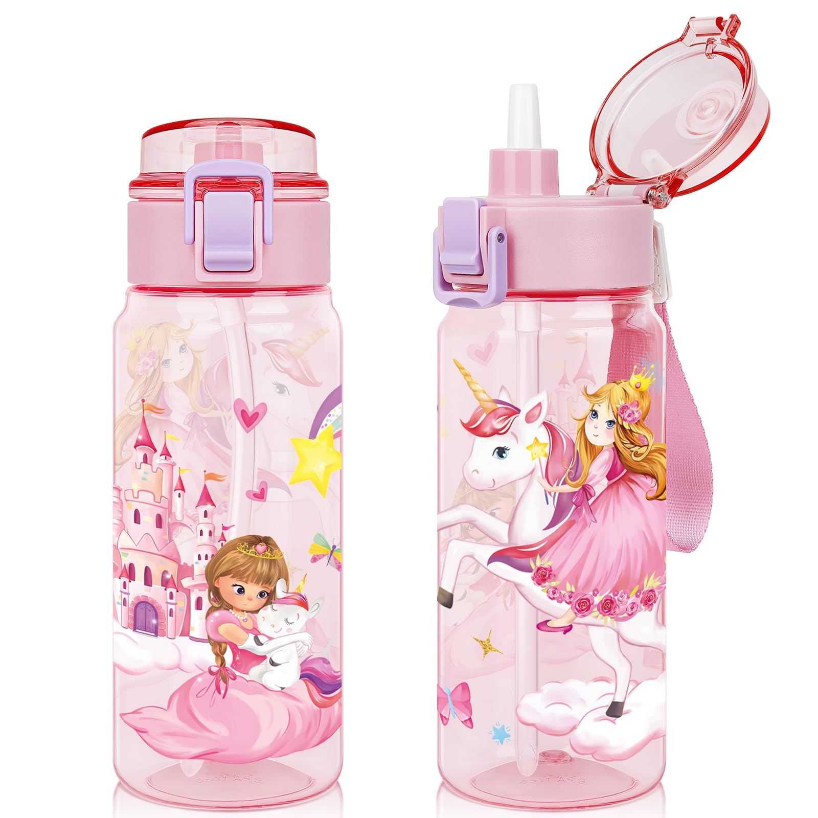wooshwa Tritan Kids Water Bottle for School, 550ml Leakproof 2-in-1 Toddler Water Bottle with a Pop-up Detachbale Straw, Dishwasher Safe (Princess)
