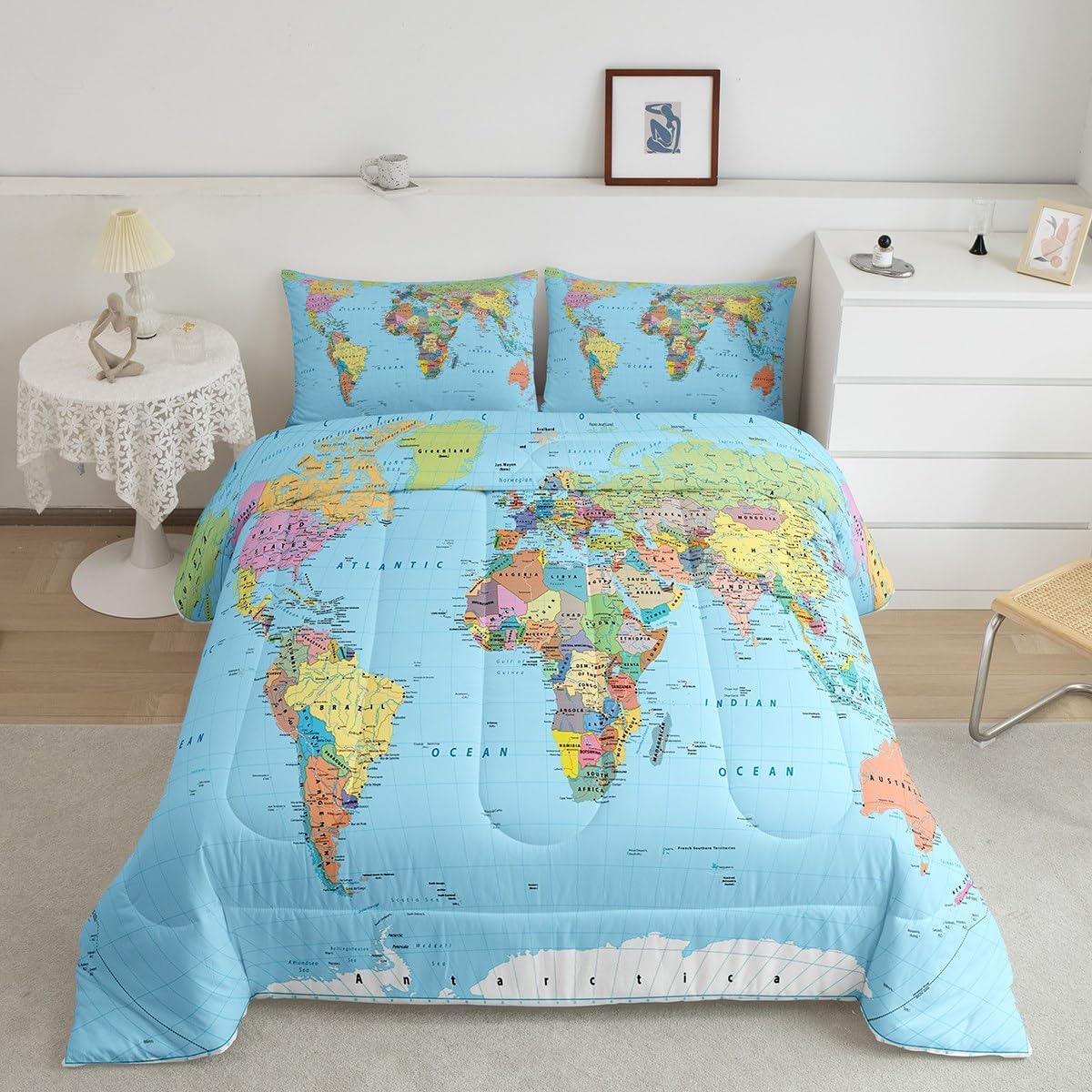 Erosebridal World Map Comforter Set Twin Multicolored Bedding Set 3D Geography Blue Ocean Bedroom Decor Down Comforter America Europe Asia Africa All Season Bedding Comforters & Sets