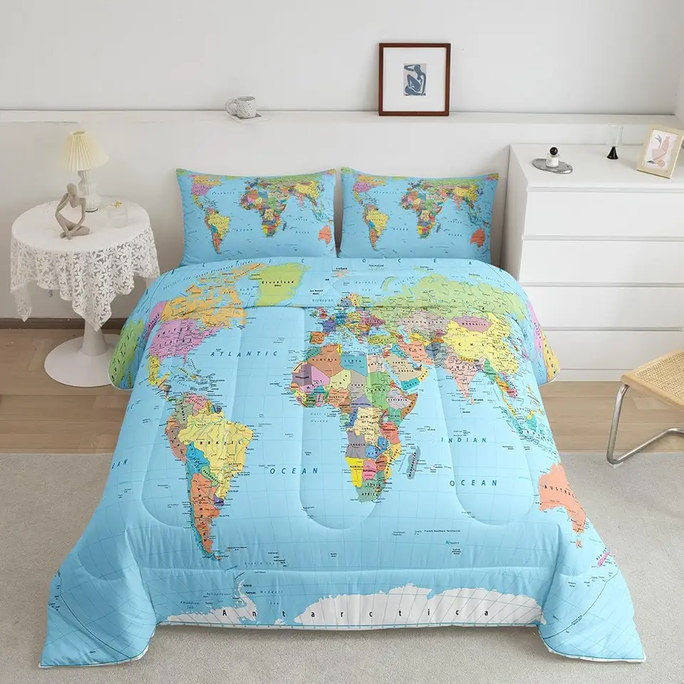 Conjunto de edredom com mapa do mundo King, conjunto de cama multicolorido, geografia 3D, oceano azul, decoração de quarto, edredom de penas América, Europa, Ásia, África, todas as estações