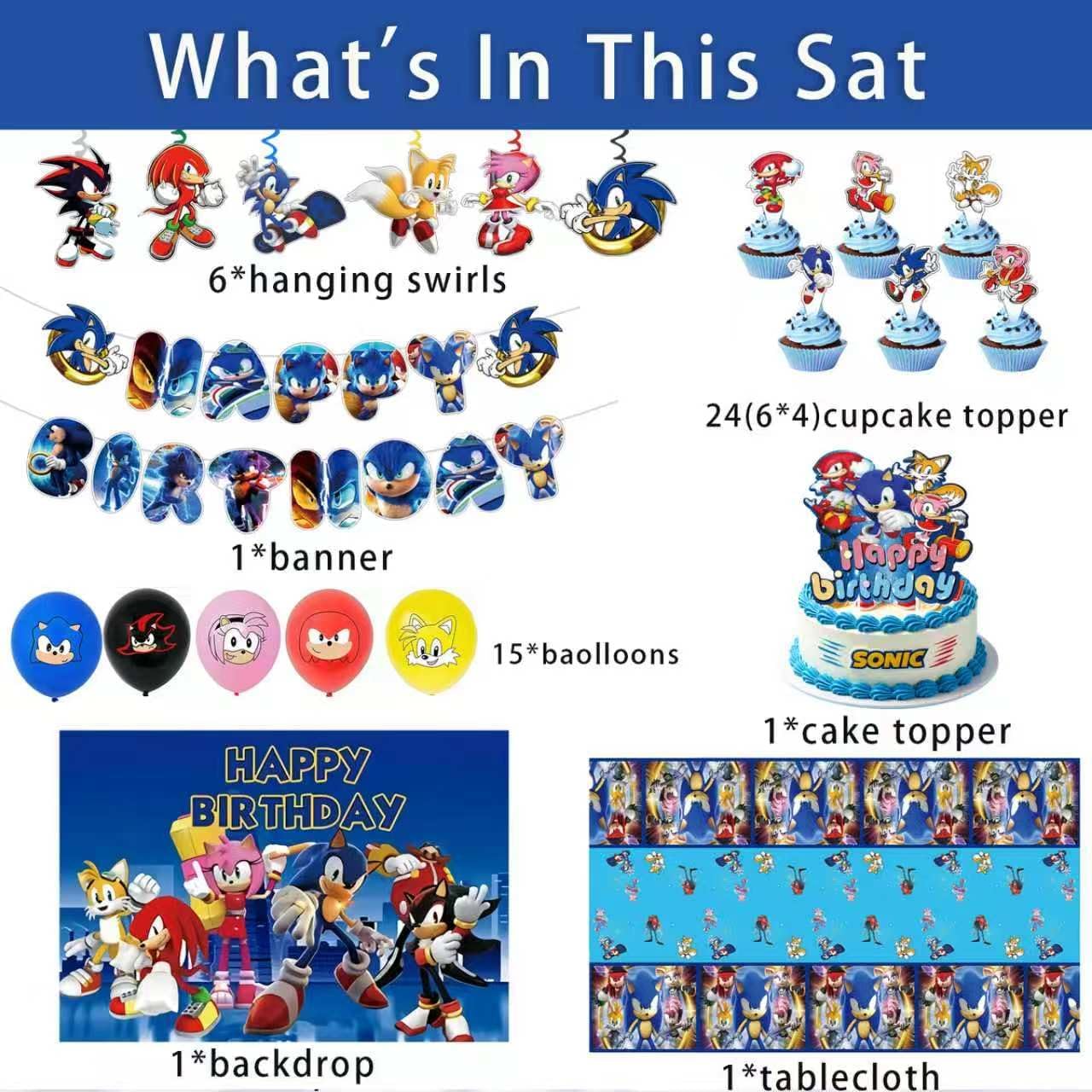 For Sonic Party Supplies, 49 PCS Birthday Decorations Set Include Banner, Balloons,, Hanging Swirls, Cake Cupcake Toppers, Tablecloth for Boys Girls Sonic Theme Party image 2