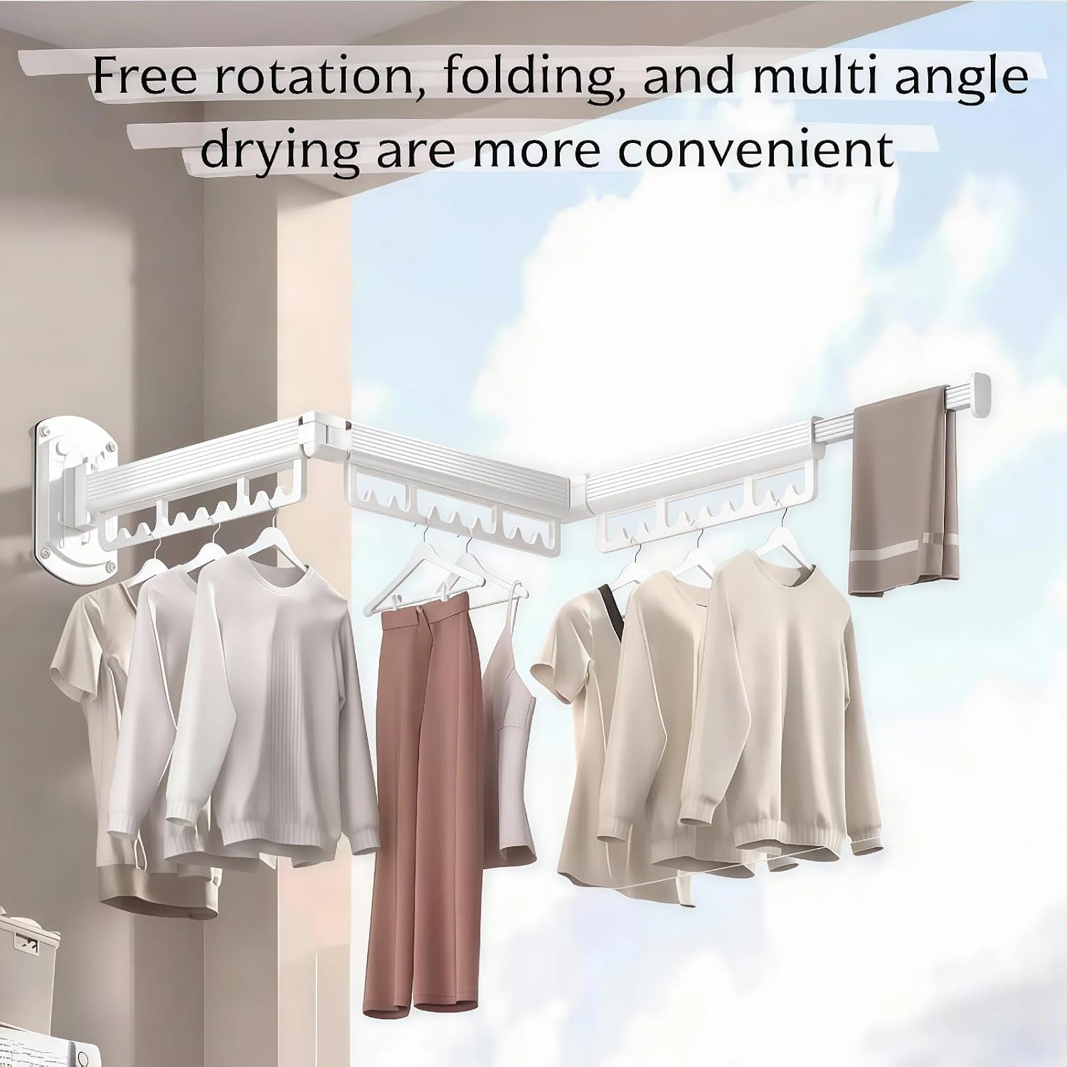 Clothes Drying Rack Wall Mounted,Collapsible & Retractable Laundry Hanging Rack, Space-Saving Indoor Outdoor Clothes Rack for Laundry Balcony Bedroom Bath Room (White)