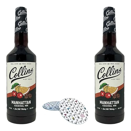 Collins Manhattan - Mezcla de cóctel (paquete de 2, 32 onzas líquidas cada uno) con posavasos complementarios de 4 unidades, hecho con azúcar