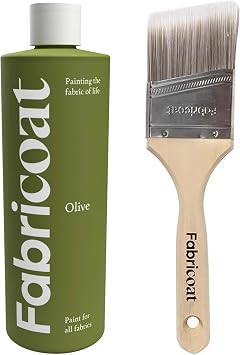 Fabricoat - Fabric Paint for Furniture 250ml Olive + Angled Paint Brush | Firm Bristled Brush with Wooden Handle | Restore or Change the Color of Couches, Chairs, Upholstery