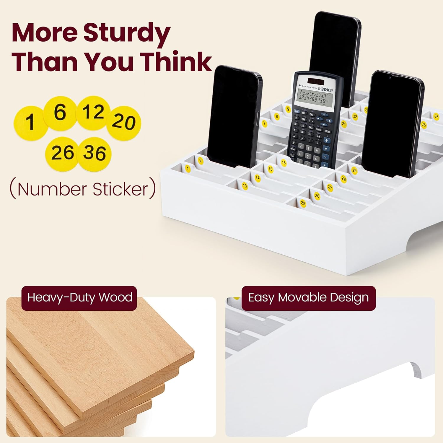 Classroom Cell Phone Holder, Fully Assembled 36 Grid Cellphone Storage Box for Students Management, Wooden Calculator Phone Organizer Caddy for School Office