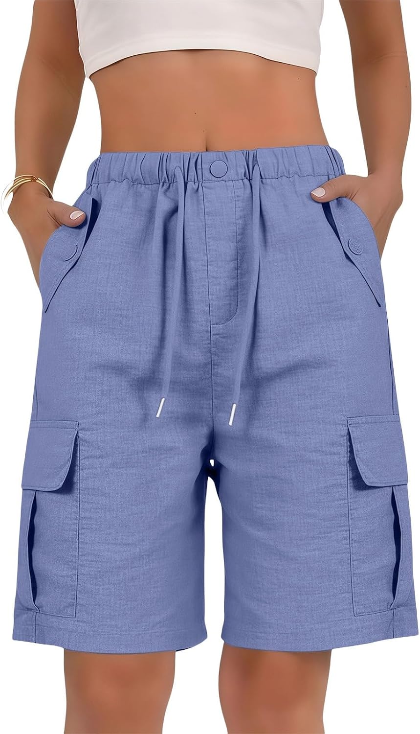 Damen Leinen Capri Shorts Knielang – Bequeme Bermuda Mit Hohem Bund, Taschen Und Kordelzug, Perfekt Für Sommer, Strand Und Freizeit