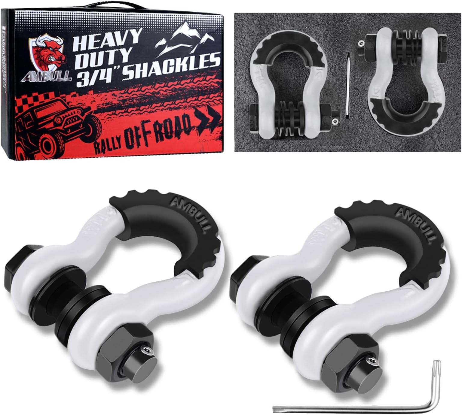 AMBULL Shackles 3/4" D Ring Shackle (2 Pack) 45,000lb Break Strength with 7/8" Pin, Anti Theft Security Screws, Isolator & Washer Kits for Use with Tow Strap Winch Truck Vehicle Recovery, White