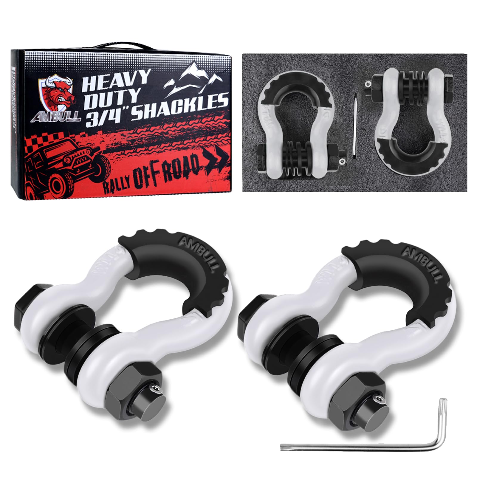 AMBULL Shackles 3/4" D Ring Shackle (2 Pack) 45,000lb Break Strength with 7/8" Pin, Anti Theft Security Screws, Isolator & Washer Kits for Use with Tow Strap Winch Truck Vehicle Recovery, White