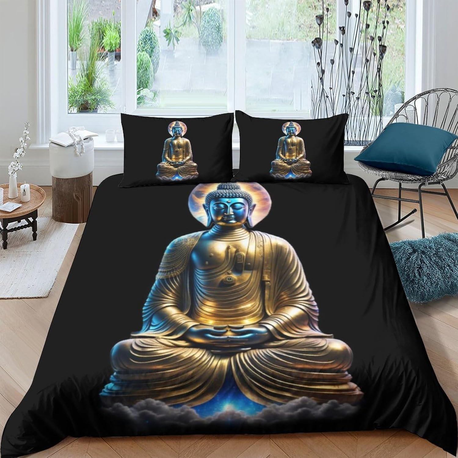 Housse de couette Bouddha 260x240 cm en microfibre avec 2 taies d'oreiller