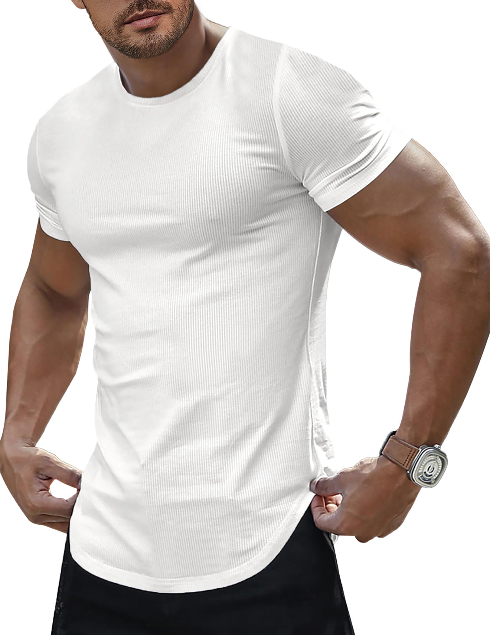 JMIERR Mens Short Sleeve T Shirt Summer Muscle Slim Fitted Crewneck Longline Tees Shirts for Gym Workout