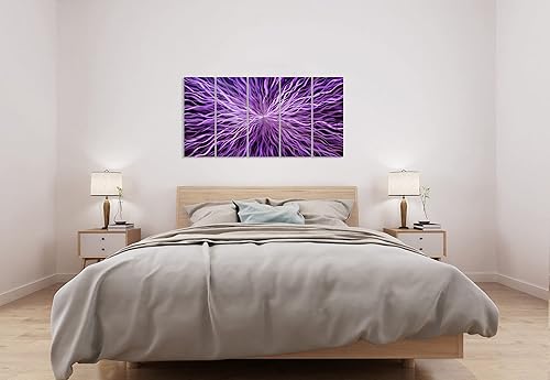Miniatura 5 de YHSKY ARTS Arte abstracto de pared de metal hecho a mano en aluminio, moderno 5 piezas de arte en color morado, contemporáneas líneas poderosas