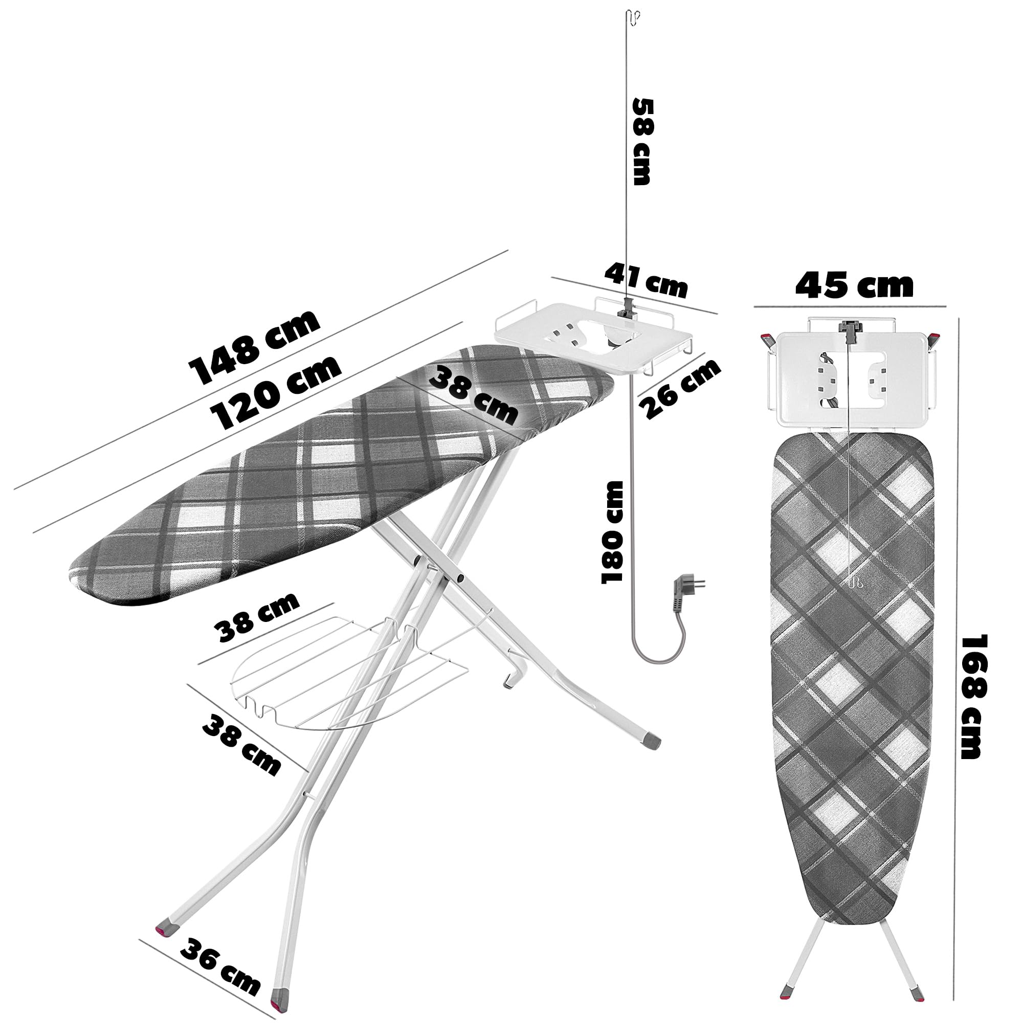 KADAX großes Bügelbrett 120x38cm - Stabiler Bügeltisch für Dampfbügelstation, klappbar, höhenverstellbar, mit hitzebeständiger Bügeleisenablage, mit Steckdose