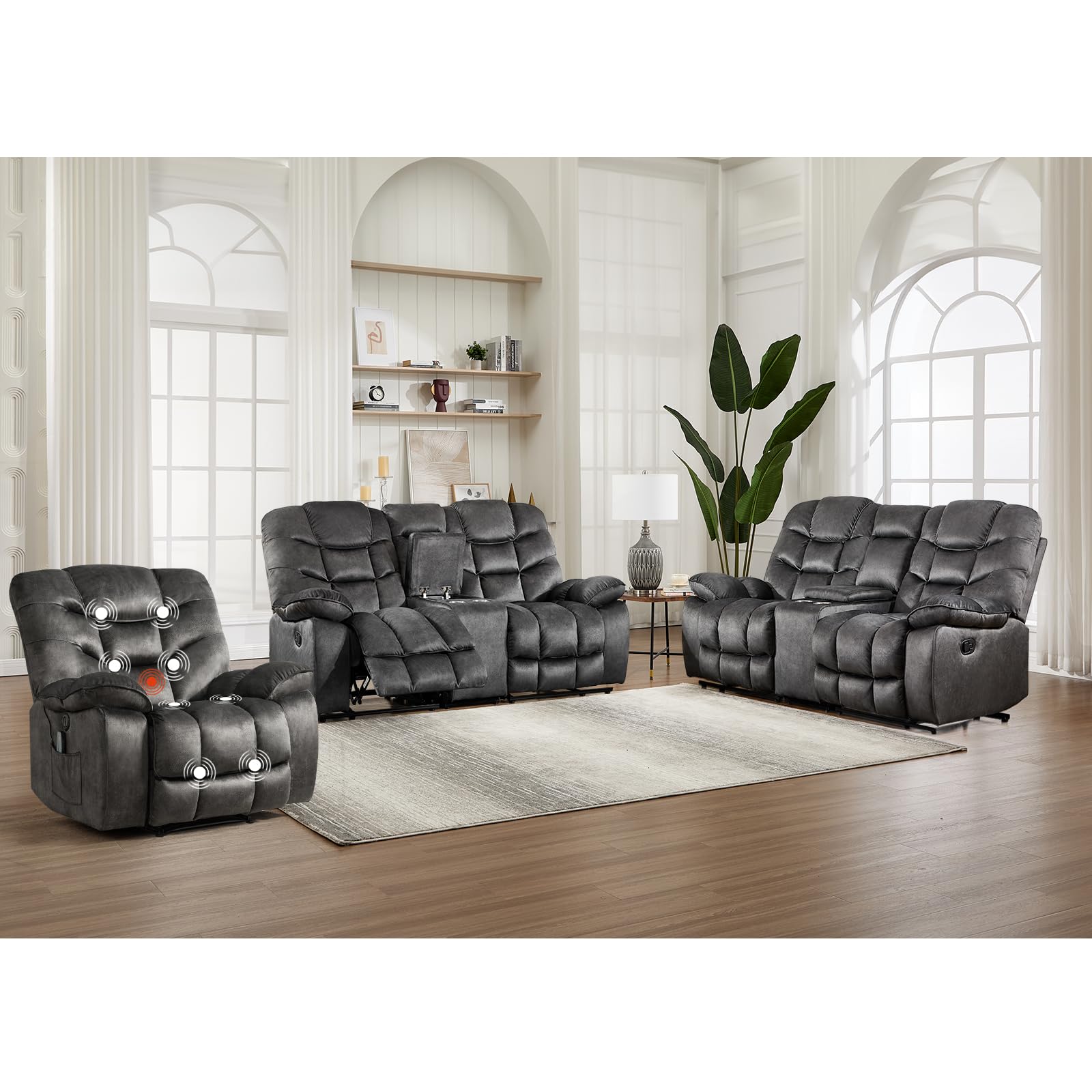 HAOMARKETS 3 Pieces Recliner Sofa Furniture Set, Include Power Recliner Chair with Message&amp;Heat and 2 Manual Loveseat Sofas with Hidden Storage and Cup Holders for Living Room, Grey