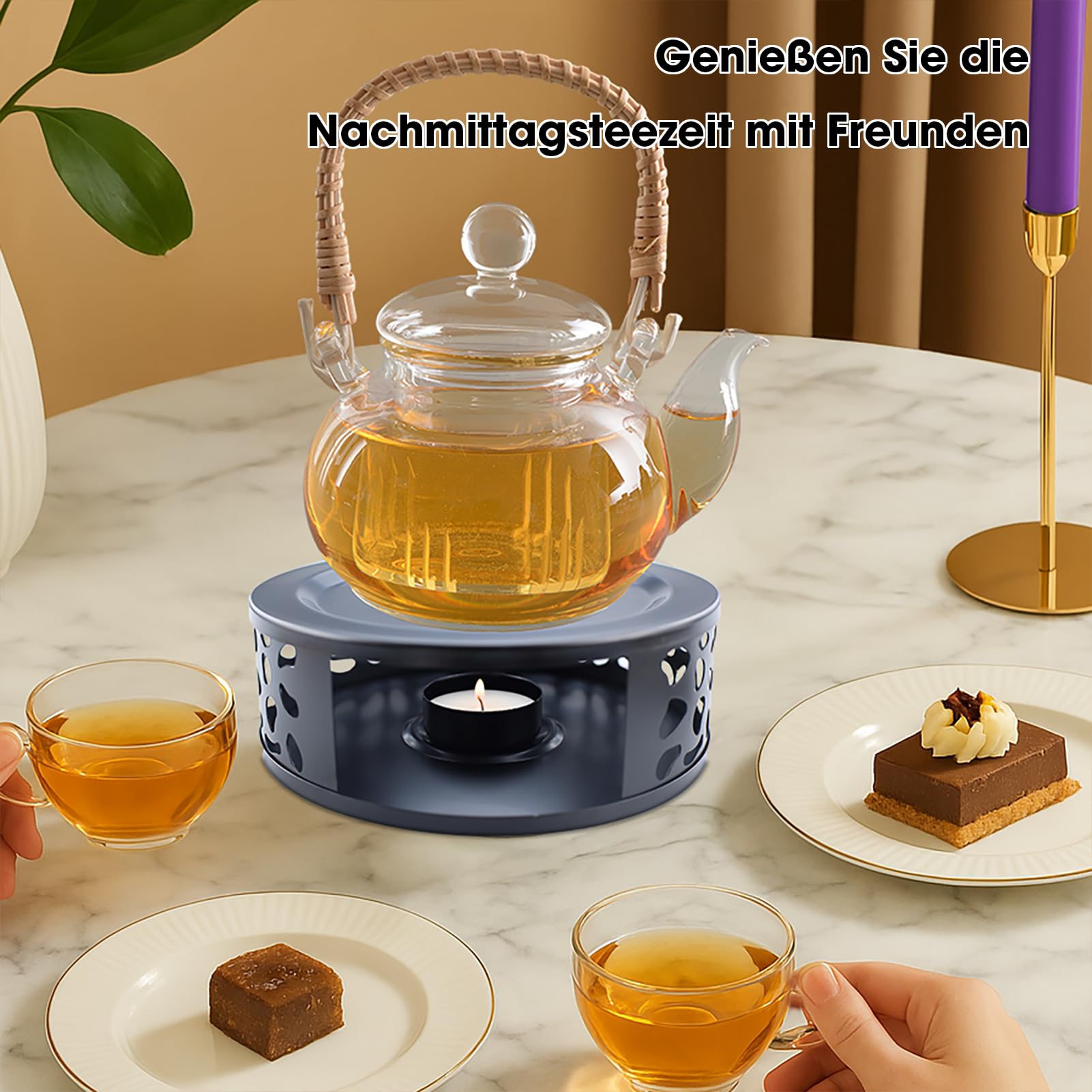 Réchaud à Bougie Pour Théière En Acier Inoxydable - Chauffe-Plat Pour Thé, Café, Vin Chaud Avec Palette En Bois