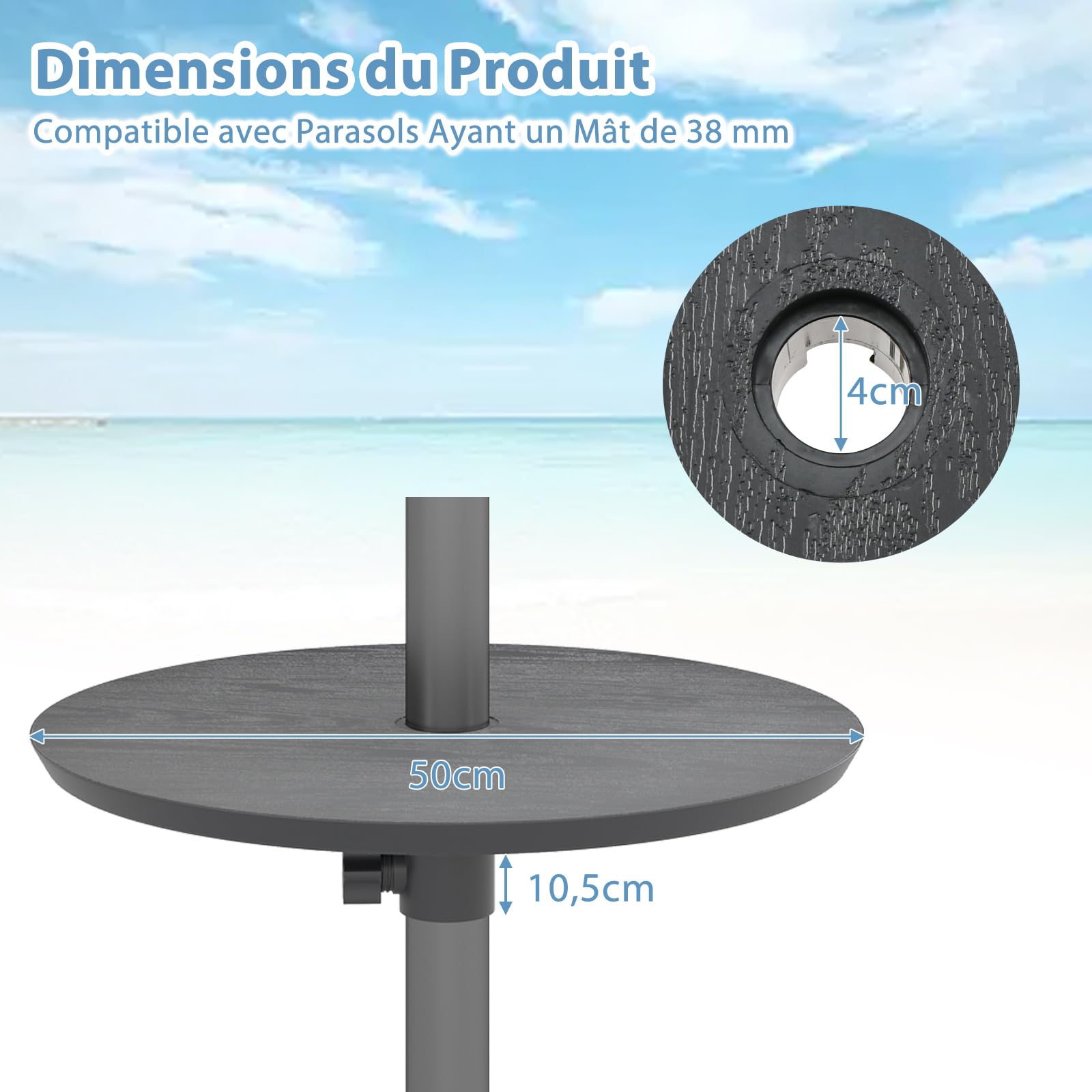 COSTWAY Table de Parasol de Jardin Ø50 cm, Trou pour Parasol de 38/48 mm, Plateau Rond en HDPE, Hauteur Réglable, Imitation Grain de Bois, Montage Facile, pour Piscine Jardin Plage (Noir)