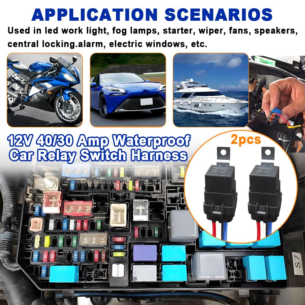 4Pin 12V 40/30 Amp Waterproof Car Relay Switch Harness Set 12V DC 4Pin SPDT Automotive Relays 14 AWG Hot Wires