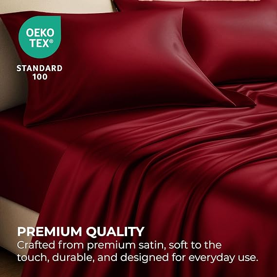 Satin Sheets King [4-Piece, Burgundy] Hotel Luxury Silky Bed Sheets - Extra Soft 1800 Microfiber Sheet Set, Wrinkle, Fade, Stain Resistant - Deep Pocket Fitted Sheet, Flat Sheet, Pillow Cases