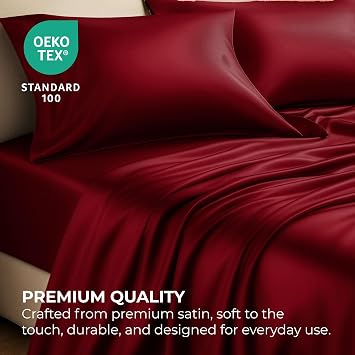 Satin Sheets King [4-Piece, Burgundy] Hotel Luxury Silky Bed Sheets - Extra Soft 1800 Microfiber Sheet Set, Wrinkle, Fade, Stain Resistant - Deep Pocket Fitted Sheet, Flat Sheet, Pillow Cases