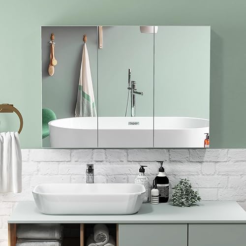 Miniatura 8 de Giantex Botiquín de baño con espejo, gabinete de pared extragrande con 3 puertas con espejo sin marco, 2 estantes ajustables, armario de baño