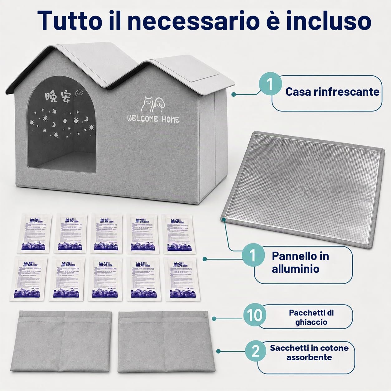 Casetta refrigerante impermeabile per gatti, in tessuto Oxford, per interni ed esterni, con 10 impacchi di ghiaccio per aria condizionata e 2 sacchetti di cotone assorbente, tenda di raffreddamento