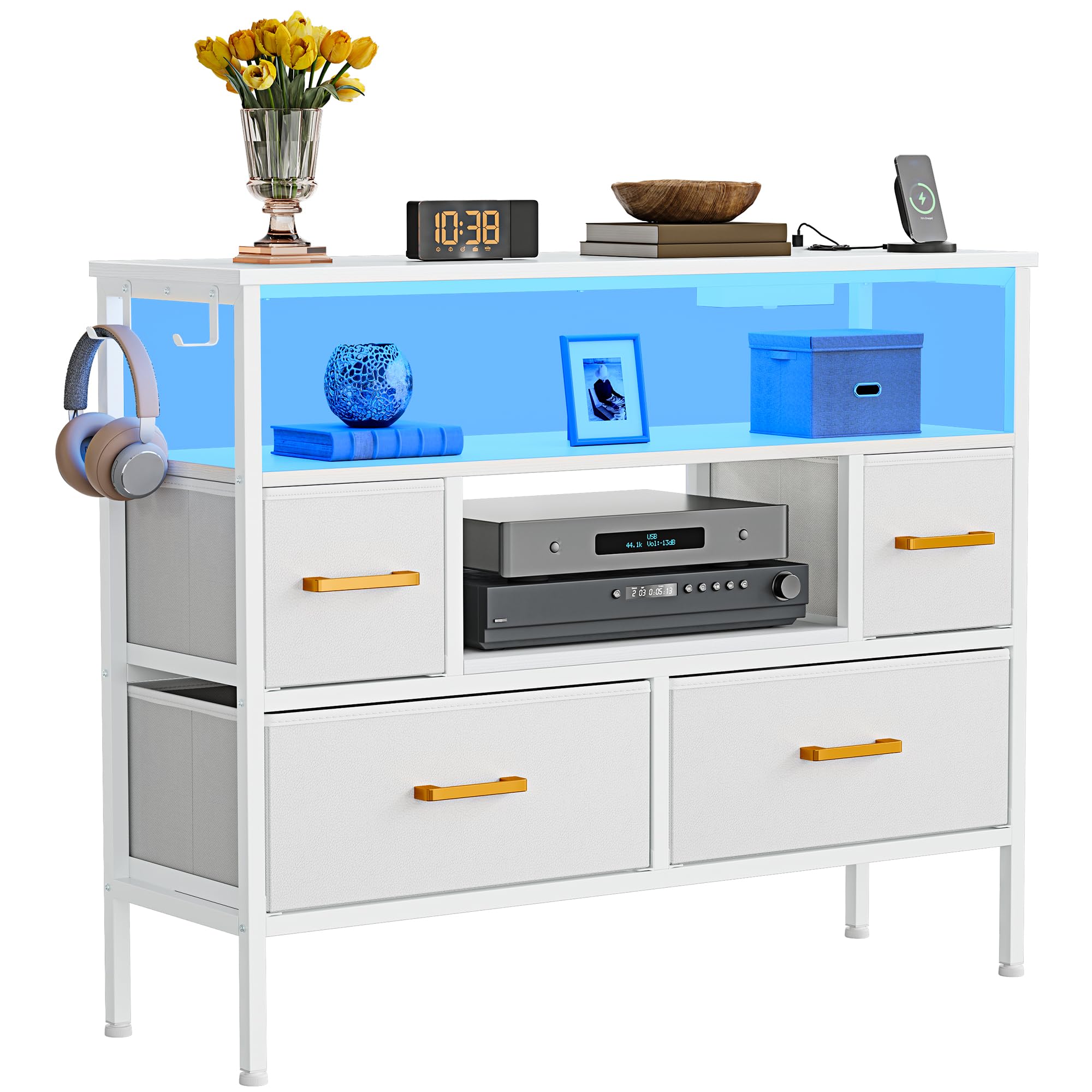 YITAHOME Commode en Tissu avec Prises et lumières LED, 4 tiroirs et 2 Crochets, Convient pour Les téléviseurs jusqu'à 32 Pouces, Commode en Tissu pour Chambre à Coucher, Salon, Bureau à Domicile