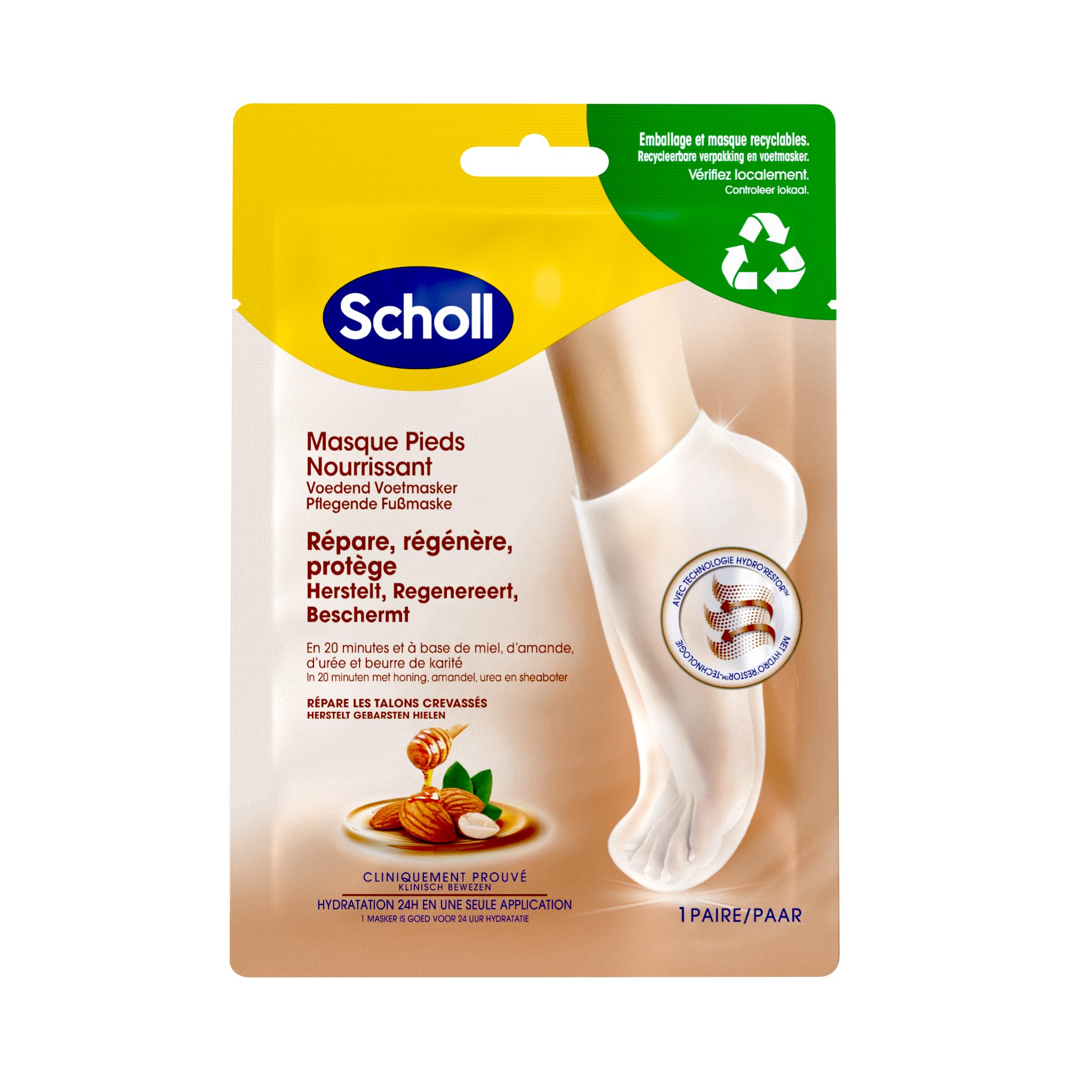 Scholl Fußmaske mit Mandel und Honig für trockene Haut, in 20 Minuten, feuchtigkeitsspendend, nicht fettend und einfach zu verwenden, recycelbare Masken und Verpackung, 1 Paar