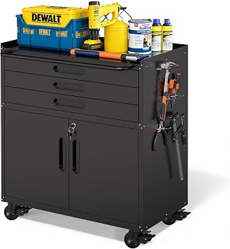 Metal Garage Storage Cabinet with Wheels, Rolling Tool Cabinet with 3 Drawers and 2 Doors, Heavy Duty Tool Cabinet with Workbench, Assembly Required, Black