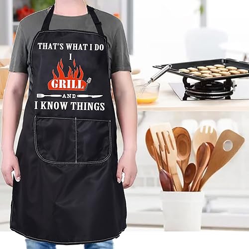 Miniatura 5 de PXTIDY Divertido delantal para asar con texto en inglés "That's What I Do I Grill And I Know Things", delantal de cocina novedoso, delantal para