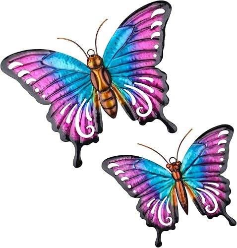 MUMTOP Decoración de pared de mariposa de metal, paquete de 2 esculturas de pared de mariposas, arte de pared colgante para interiores y exteriores,