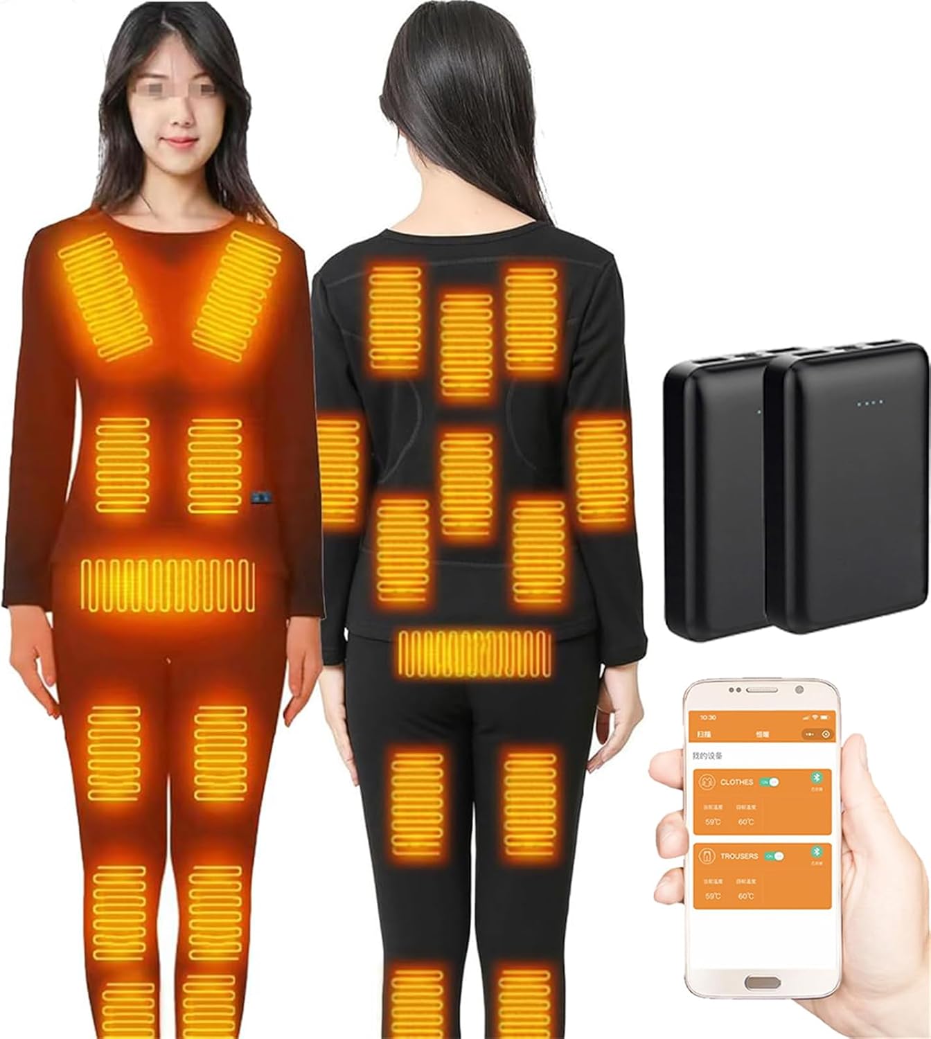 Electric Heating Underwear Set USB Adjustment with Heated Baselayer Washable for Winter with 2 Power Banks