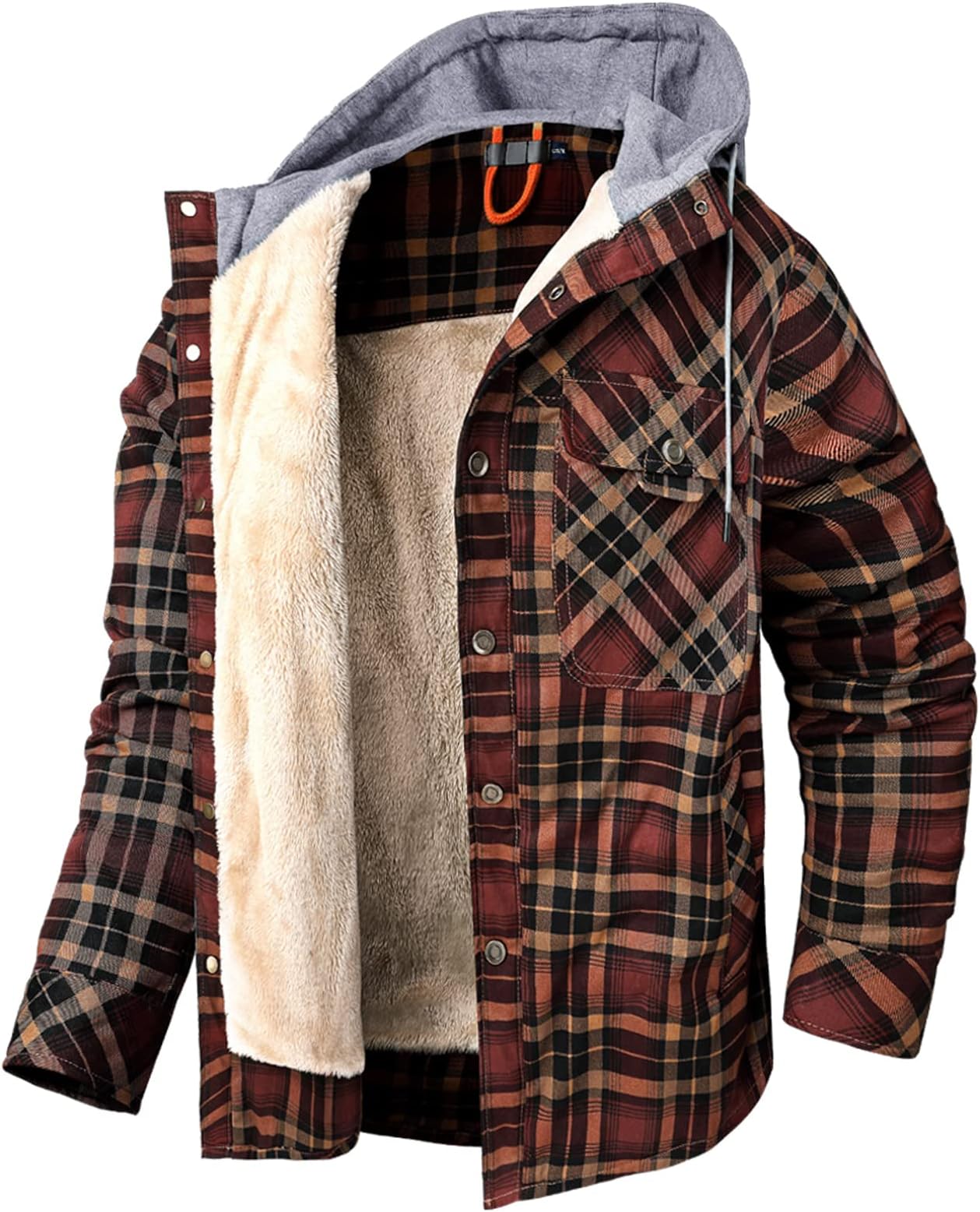 Flygo Men's Outdoor Casual Fleece Sherpa Lined Flannel Hooded Plaid Shirt Jacket(CoffeePlaid-L)