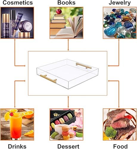 Miniatura 5 de Bandeja de servir de acrílico transparente de 12 x 12 pulgadas con mango dorado, bandeja cuadrada transparente de plástico para servir alimentos