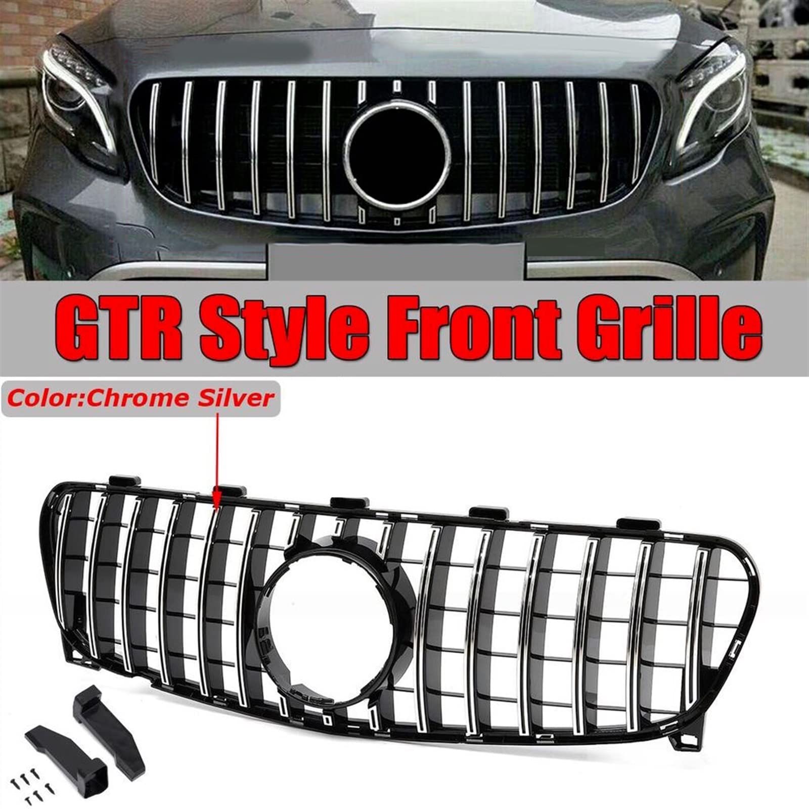 Rejillas Delanteras Parrillas De Carreras De Rejilla De Parachoques Delantero De Coche ABS GTR De Plata Cromada para Mercedes para Benz X156 GLA200 GLA250 GLA45 AMG 2017-2019