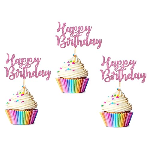 Arthsdite - Paquete de 48 adornos de cupcakes de feliz cumpleaños, con purpurina rosa premontados, para pasteles, alimentos, frutas para celebrar