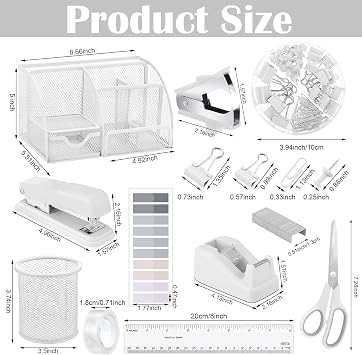 11 in 1 White Desk Organizers and Accessories, White Office Supplies White Desk Accessories Include White Stapler and Tape Dispenser Set Pen Holder Staple Remover Clips Ruler Scissors Tapes Tabs