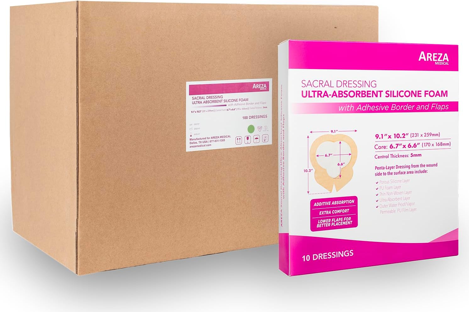 Areza Medical - Silicone Foam with Super-Absorbent Layer - Wound Dressing - Waterproof - with Adhesive Border - Sterile - for Sacral Wounds - 9.1" x 10.2" - 10/Box - 10 Boxes (Total of 100 PCS)