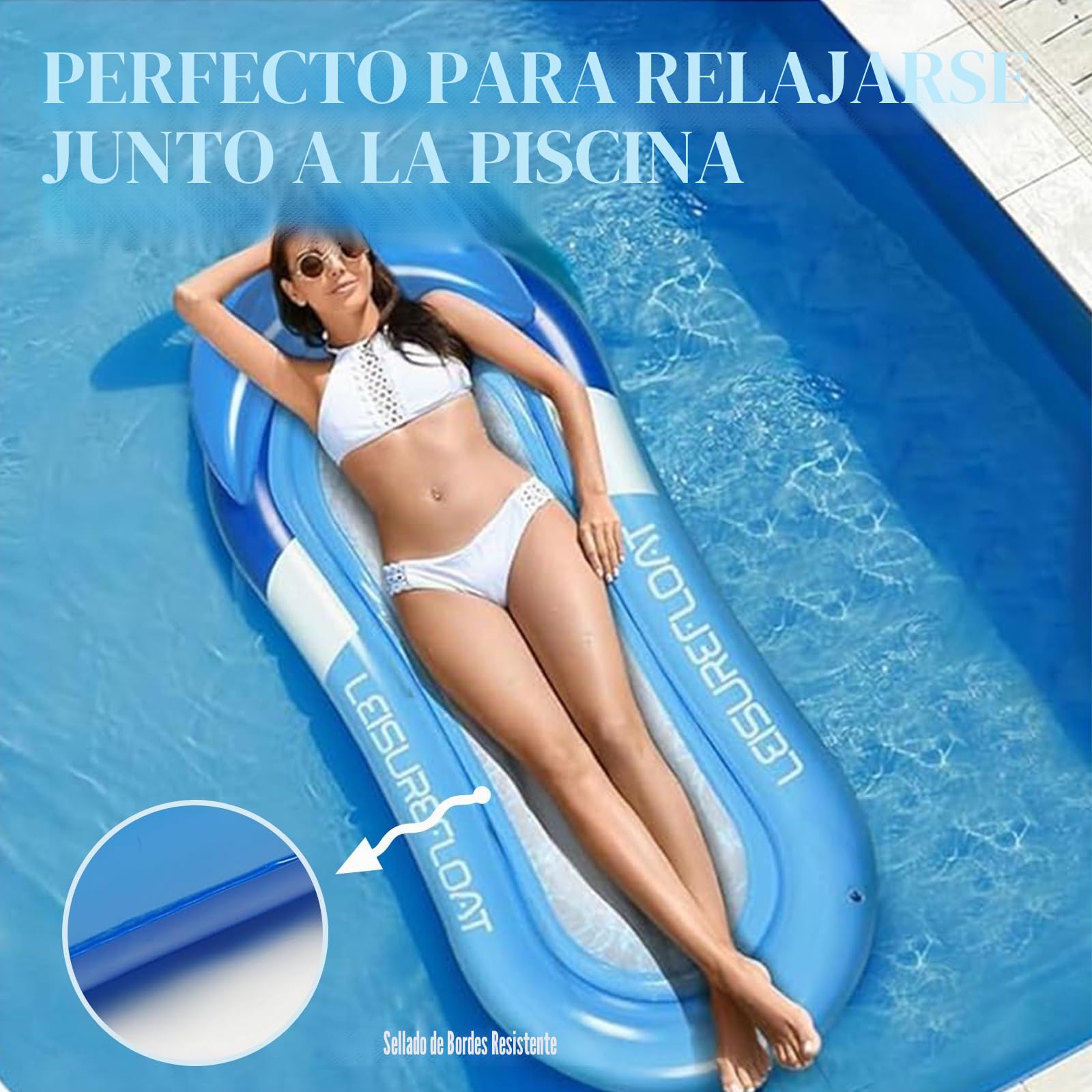 Hamaca de agua con red – Tumbona hinchable con reposacabezas, colchón de aire para piscina para adultos, 150 x 70 cm, tumbona para piscina para adultos, para piscina, lago y playa, accesorios de