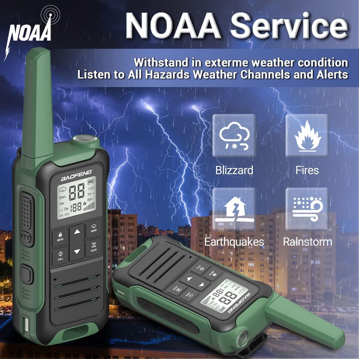 Diagrama que il·lustra diverses fonts d'alimentació per al walkie-talkie, incloent-hi el paquet de bateries recarregables i les piles alcalines AA opcionals, amb un cable USB-C que es connecta a diferents mètodes de càrrega com ara PC, cotxe o banc d'alimentació.