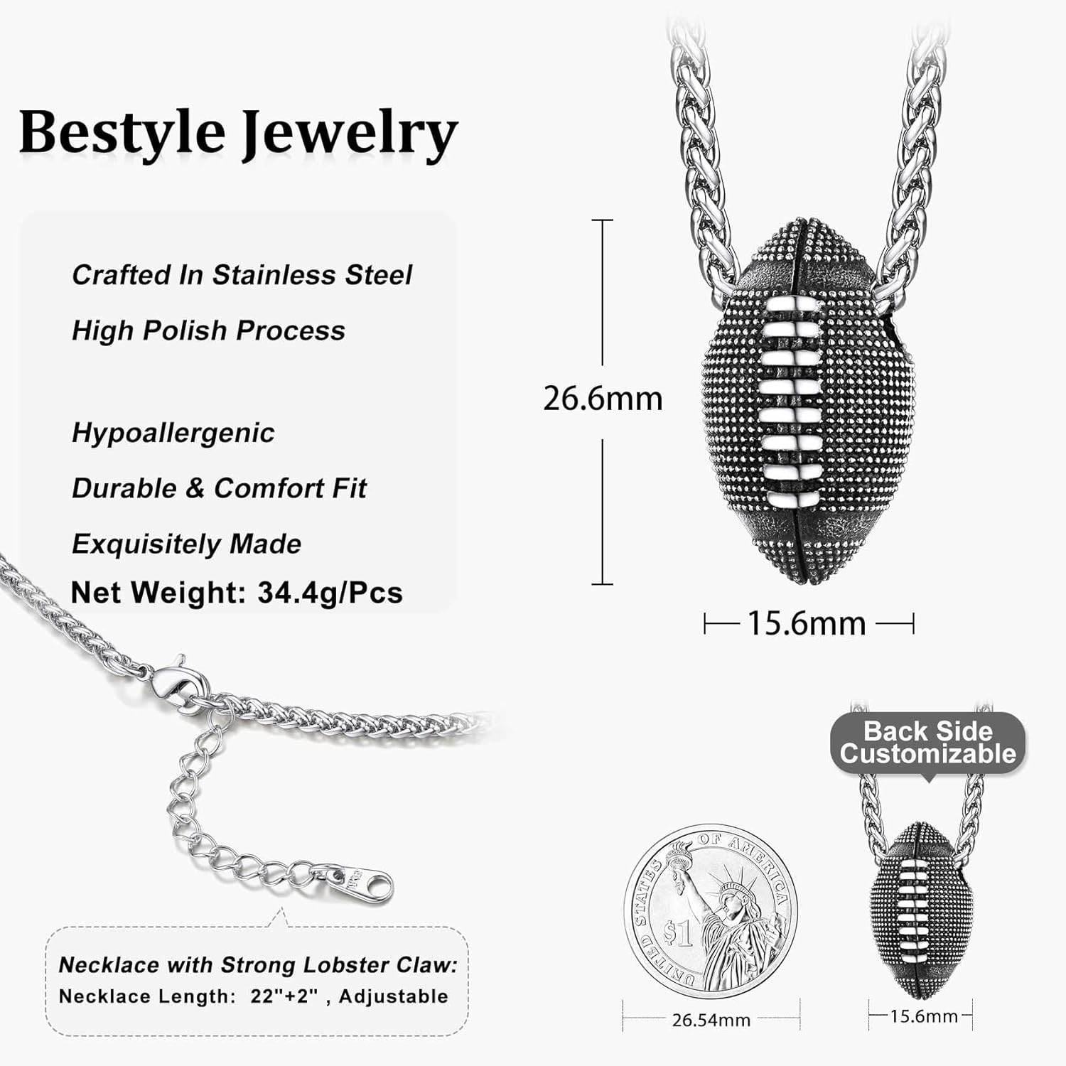 Bestyle Vivid Ball Pendants Sports Necklace for Men, Solid Stainless Steel Soccer/Basketball/Volleyball/Rugby Ball/Baseball Necklace in Silver/Black/Gold, Trendy Sport Fan Jewelry Collection Gift - Image 7