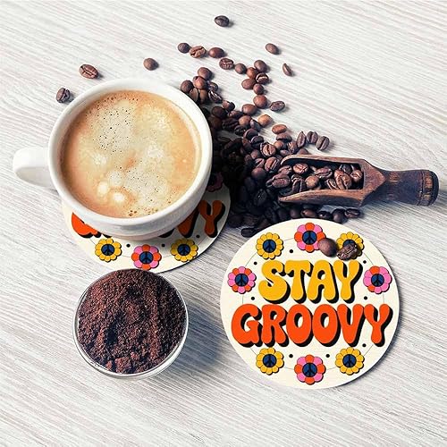 Miniatura 5 de Stay Groovy - Juego de 2 posavasos para bebidas, mesa de centro de oficina, de los años setenta, diseño retro de flores hippie en círculo, Mantente