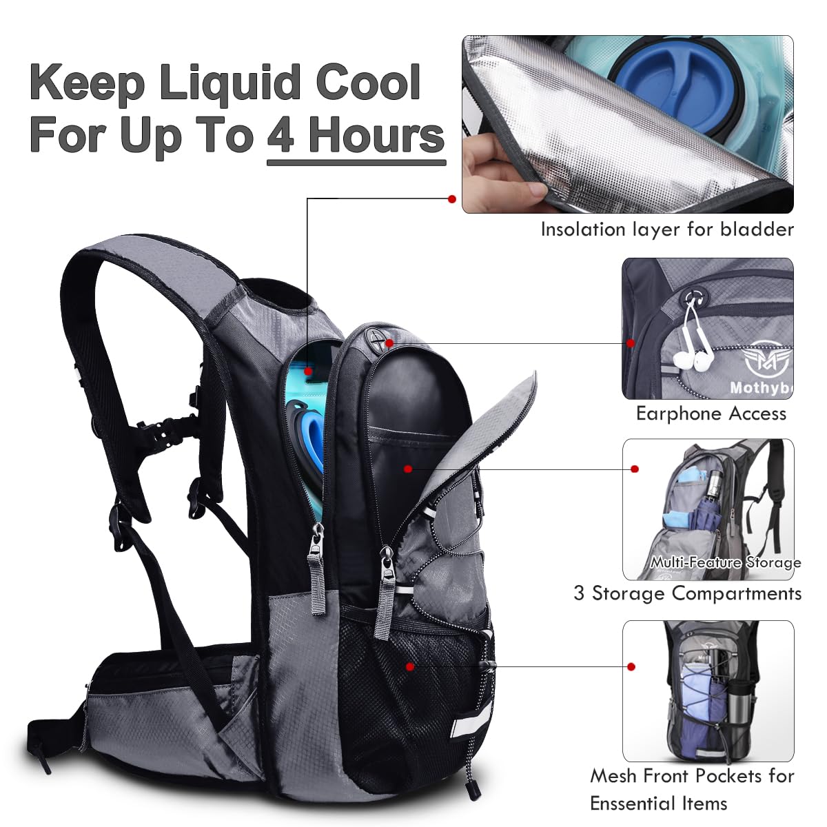 Mothybot Insulated Hydration Backpack Pack with 3L BPA Free Leak Proof Water Bladder, Large Storage Lightweight Hiking Daypack with Waist Pouches & Cooler Layer, for Running, Biking, Camping, Festival