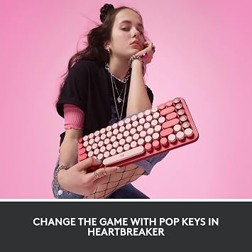 Logitech POP Keys Mechanical Wireless Keyboard with Customizable Emoji Keys, Durable Compact Design, Bluetooth or USB Connectivity, Multi-Device, OS Compatible - Heartbreaker Rose
